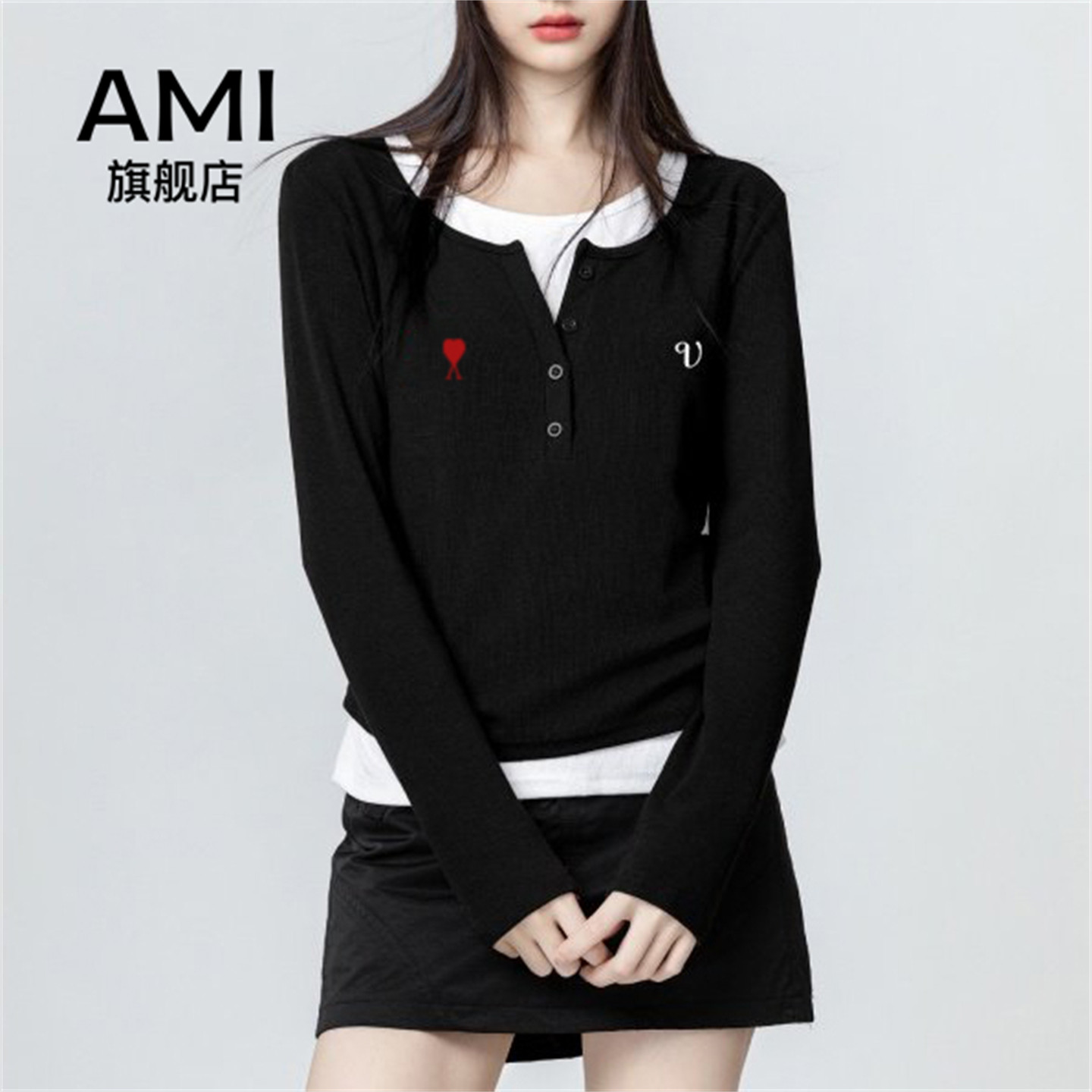 AMI2026假两件长袖T恤女2025春秋新款撞色拼接内搭打底衫短上衣,女装/女士精品,T恤,淘宝优惠券,粉丝福利购,淘宝优惠卷