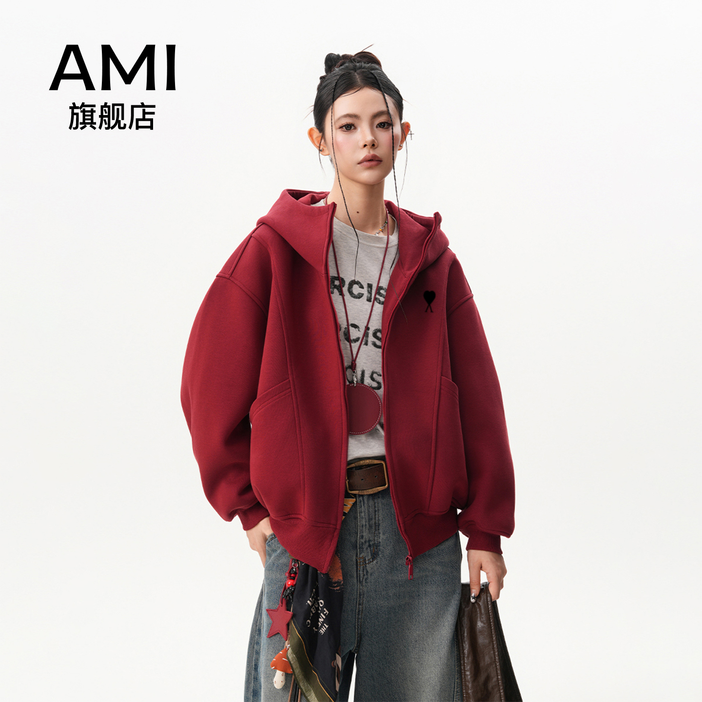 AMI安可拉红重磅420G连帽卫衣外套女男秋季宽松设计感开衫2025款