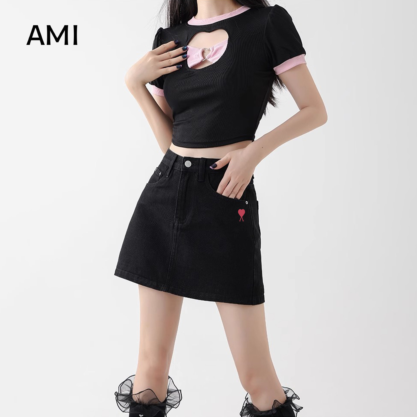 AMI官方 2026美式黑色牛仔短裙裤女春季正品高腰显瘦梨形a字半身
