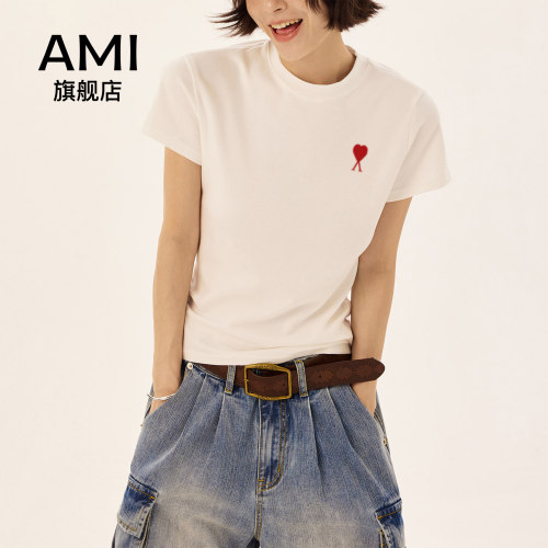 AMI官方纯色简约修身百搭正肩短袖女2026夏季休闲t显瘦打底衫t恤