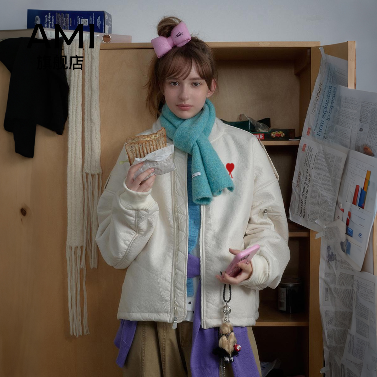 AMI美式复古羊羔毛机车棉服外套男女情侣宽松休闲加绒冬季新款