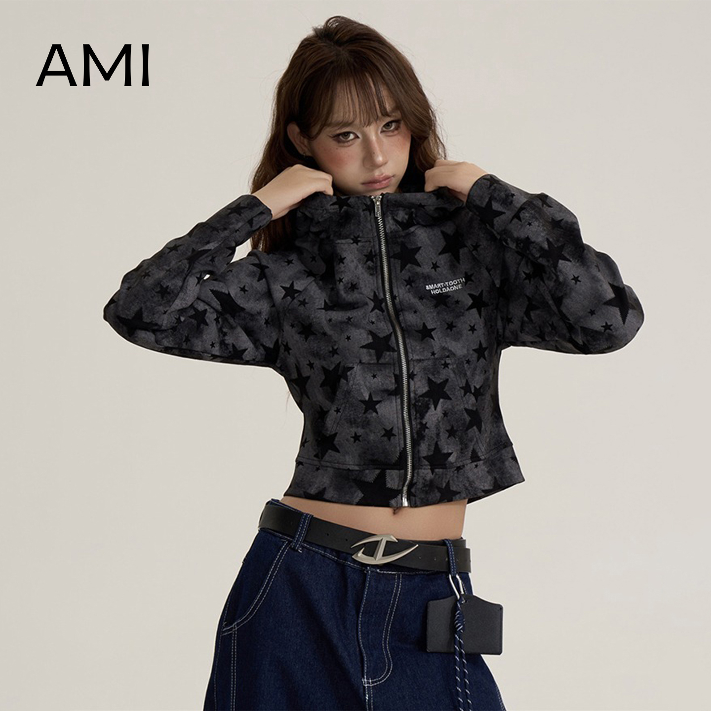 AMI 2025美式复古星星迷彩拉链外套女2025新款辣妹短款连帽上衣