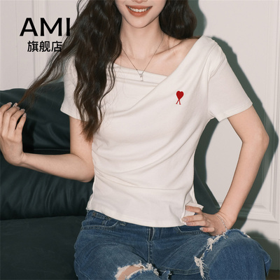 AMI官方2026春夏季新款白色荡领T恤小衫女不规则收腰修身短袖上衣