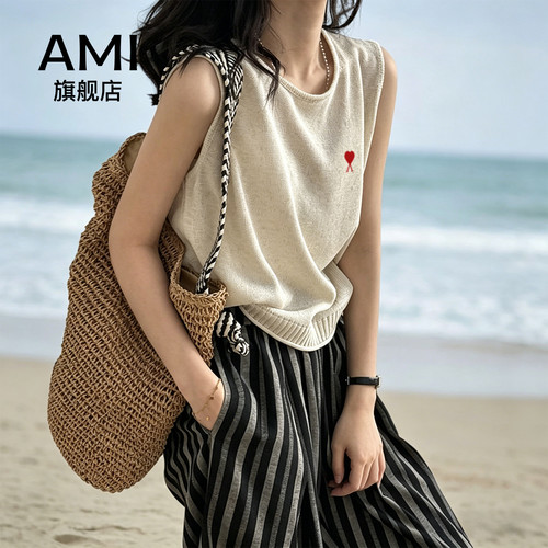 AMI官方简约慵懒亚麻针织背心2026女夏新款圆领天丝打底百搭上衣