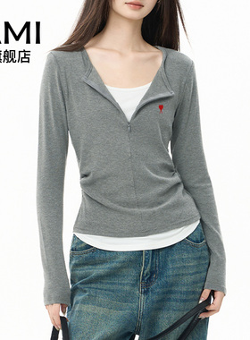 AMI灰色半拉链假两件长袖t恤女秋季正肩修身内搭打底收腰上衣