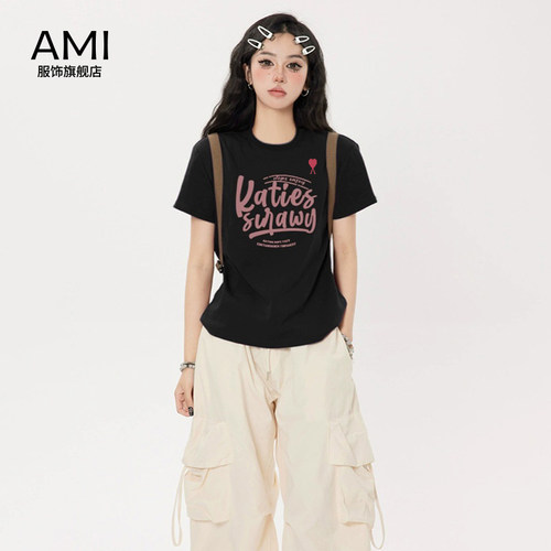 AMI官方旗舰店美式正肩短袖t恤女夏季新款正品辣妹修身显瘦短款上
