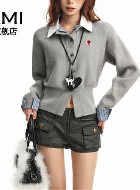 AMI美式灰色假两件长袖针织开衫女秋冬季格子修身短款毛衣上衣