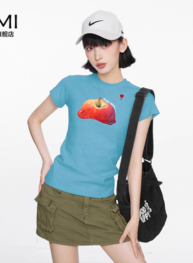 AMI 2025美式蓝色印花正肩短袖t恤女款冬季半袖修身显瘦短款上衣