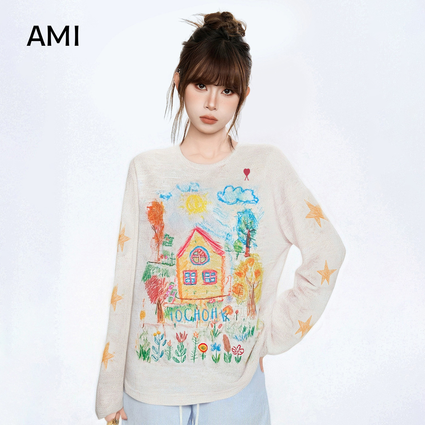 AMI旗舰店美式白色薄款针织防晒罩衫女夏季设计感正品长袖t恤上衣