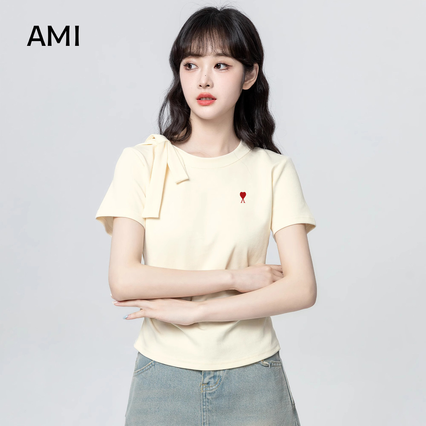 AMI官方 2026美式奶杏色蝴蝶结系带短袖T恤女夏新款正品圆领正肩