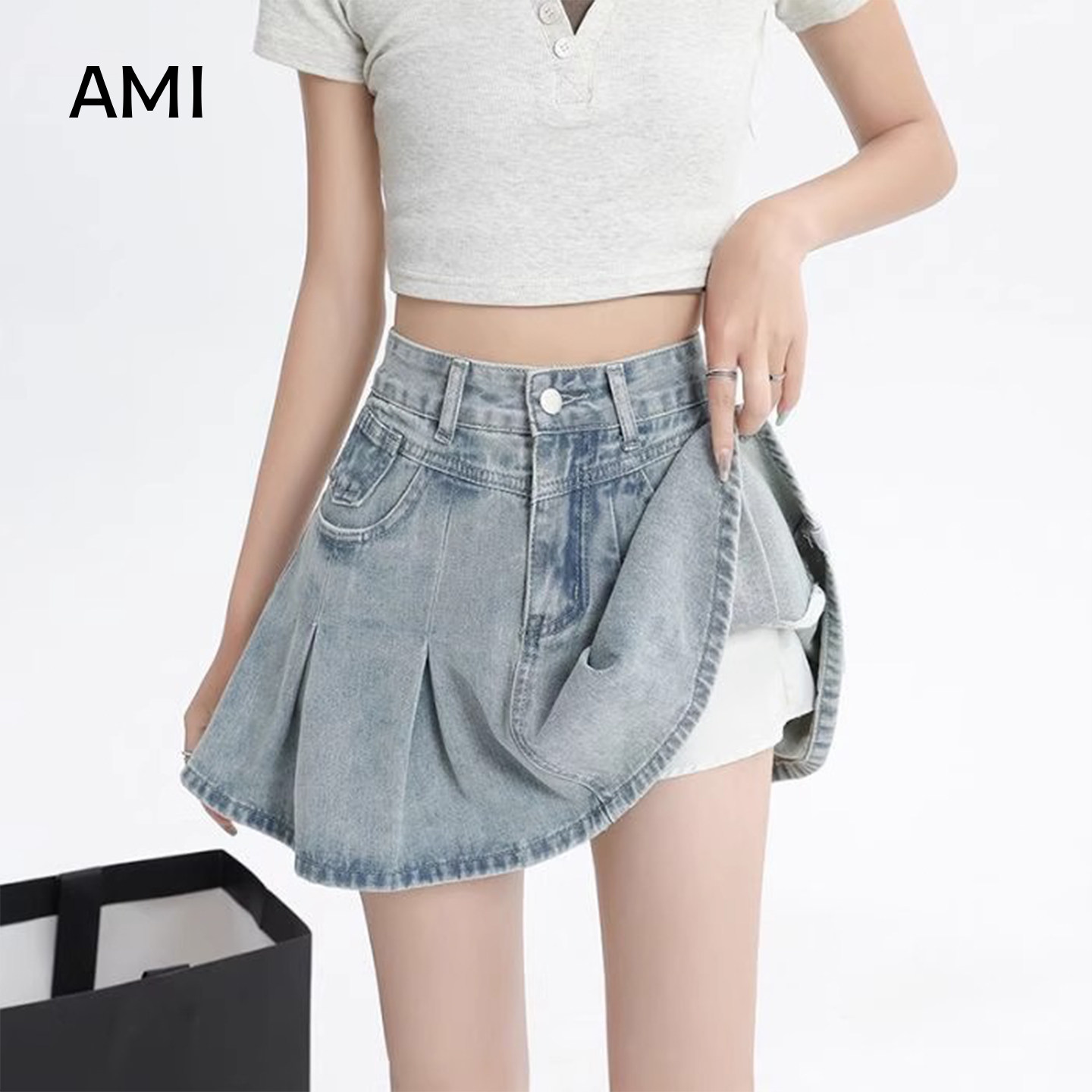 AMI官方 2026美式浅色高腰牛仔半身裙女春新款正品显瘦a字百褶短