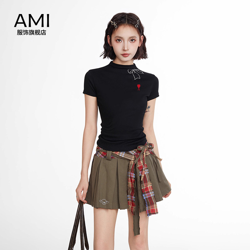 AMI官方旗舰店美式黑色半高领蝴蝶结短袖t恤女短款设计感正品半袖