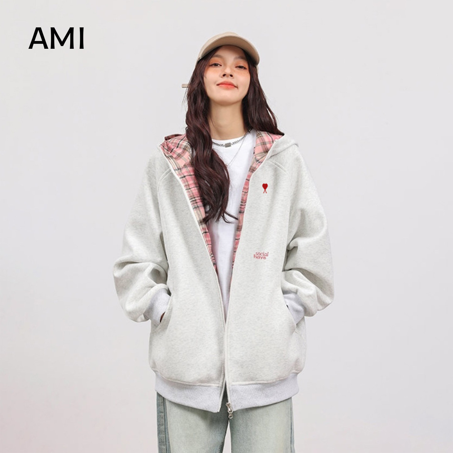 AMI2025美式复古格子拼接连帽卫衣女秋冬款宽松慵懒风外套上衣