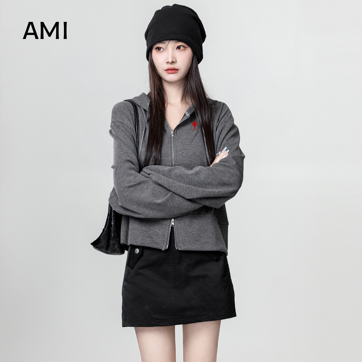 AMI2025美式灰色卫衣外套女春秋新款双拉链连帽开衫短款上衣潮