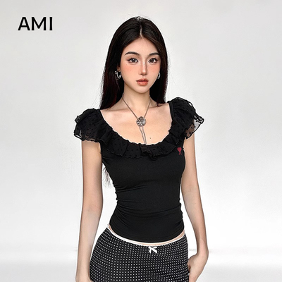 AMI旗舰店美式黑色荷叶边一字肩短袖T恤女夏正品网纱修身收腰上衣