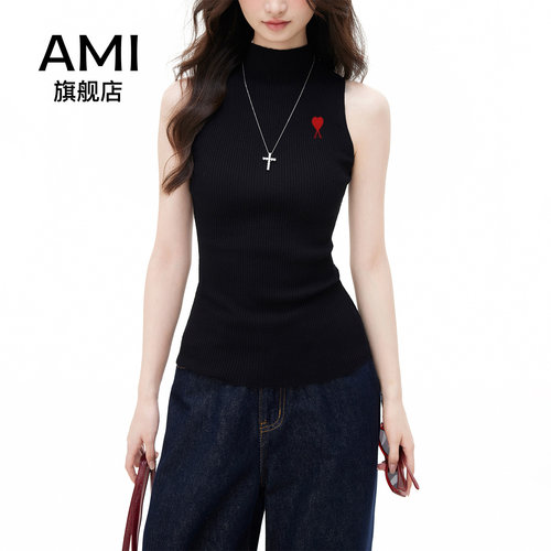 AMI官方高领无袖针织背心女夏季轻露肤穿搭修身收腰显瘦打底上衣
