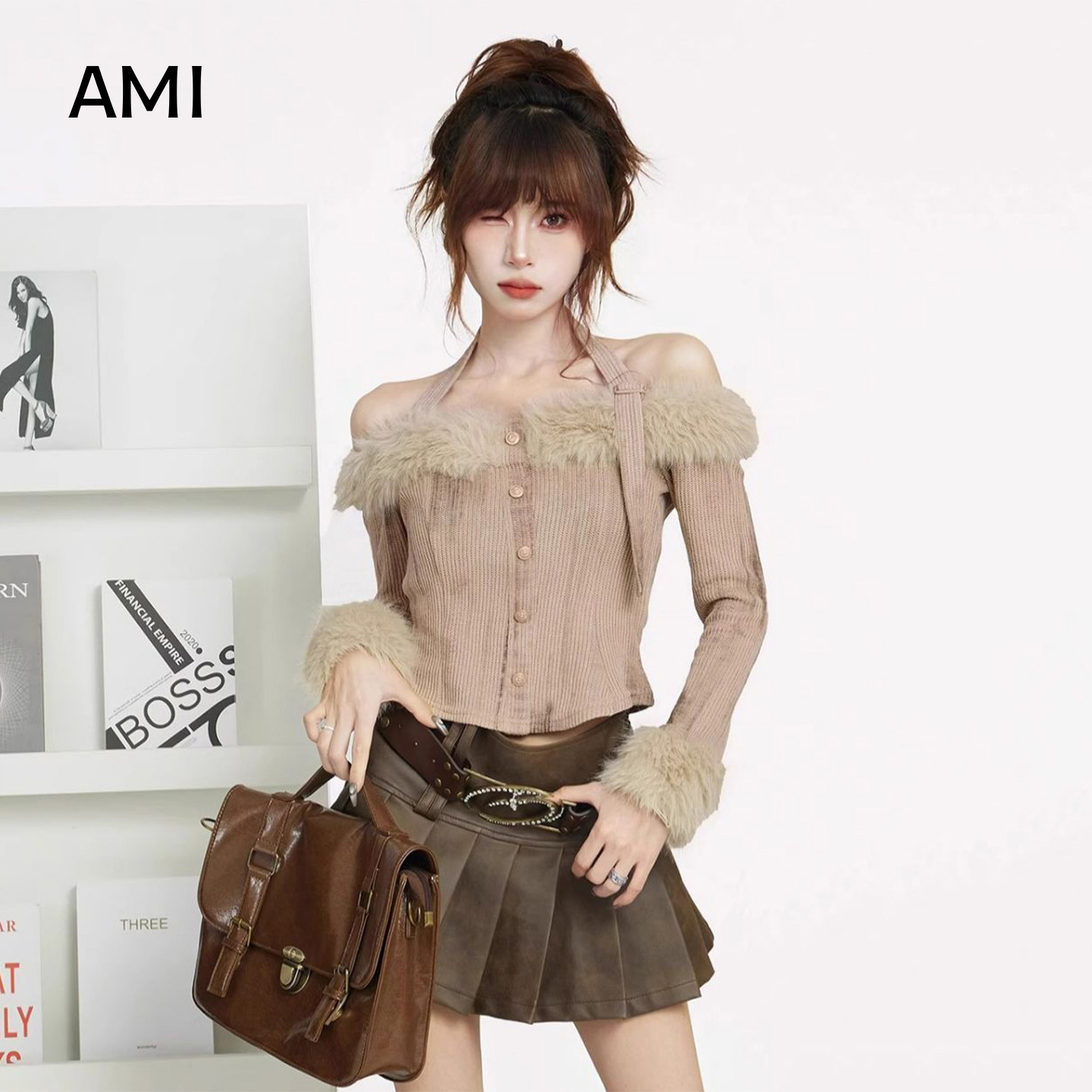 AMI美式一字肩露肩挂脖针织衫女冬秋短款修身打底毛衣上衣美拉德