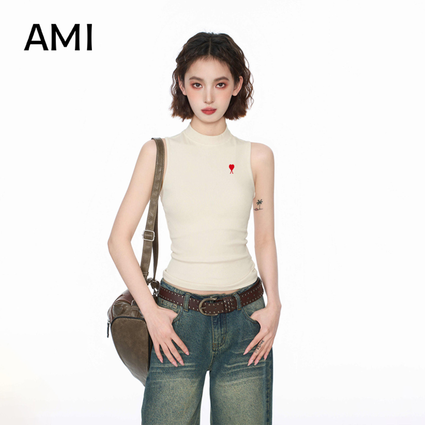 AMI官方 2026美式半高领无袖小背心女夏季正品外穿内搭打底上衣T