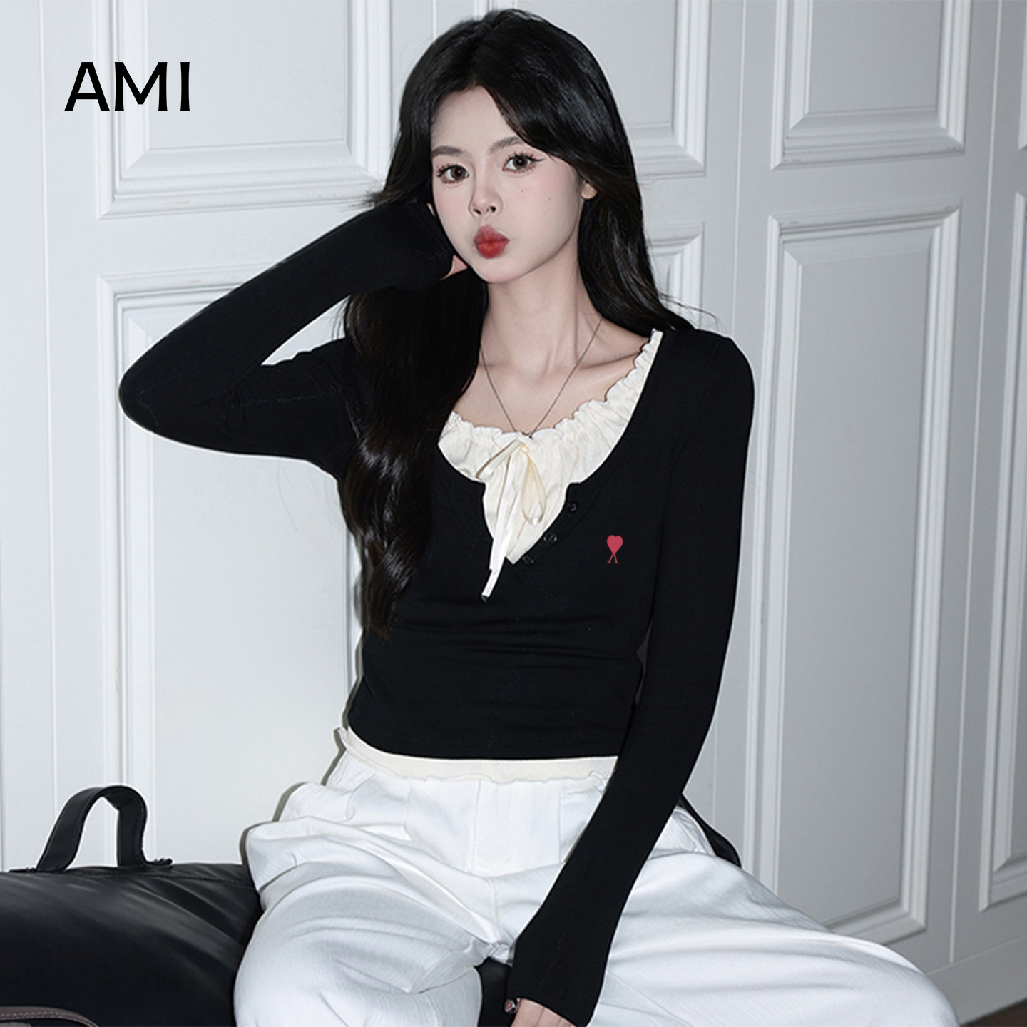 AMI官方美式黑色假两件长袖T恤女2026春秋新款修身显瘦内搭打底衫