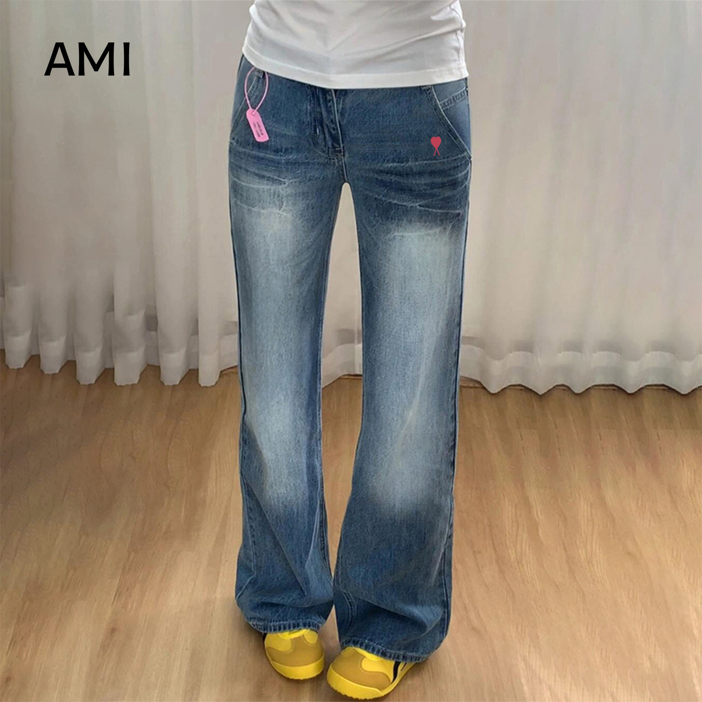 AMI官方美式复古微喇牛仔裤女2026春秋新款梨形身材高腰显瘦直筒