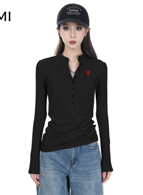 AMI美式黑色螺纹针织内搭打底衫女冬秋正品高级感修身长袖t恤上衣
