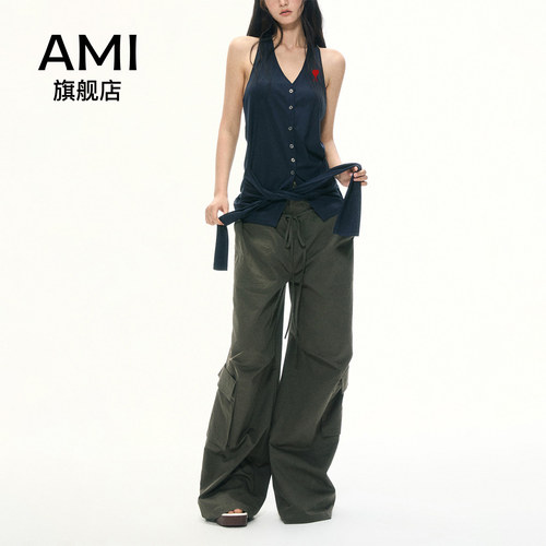 AMI官方美式无袖背心女士夏季设计感小个子深V领纽扣装饰显瘦上衣