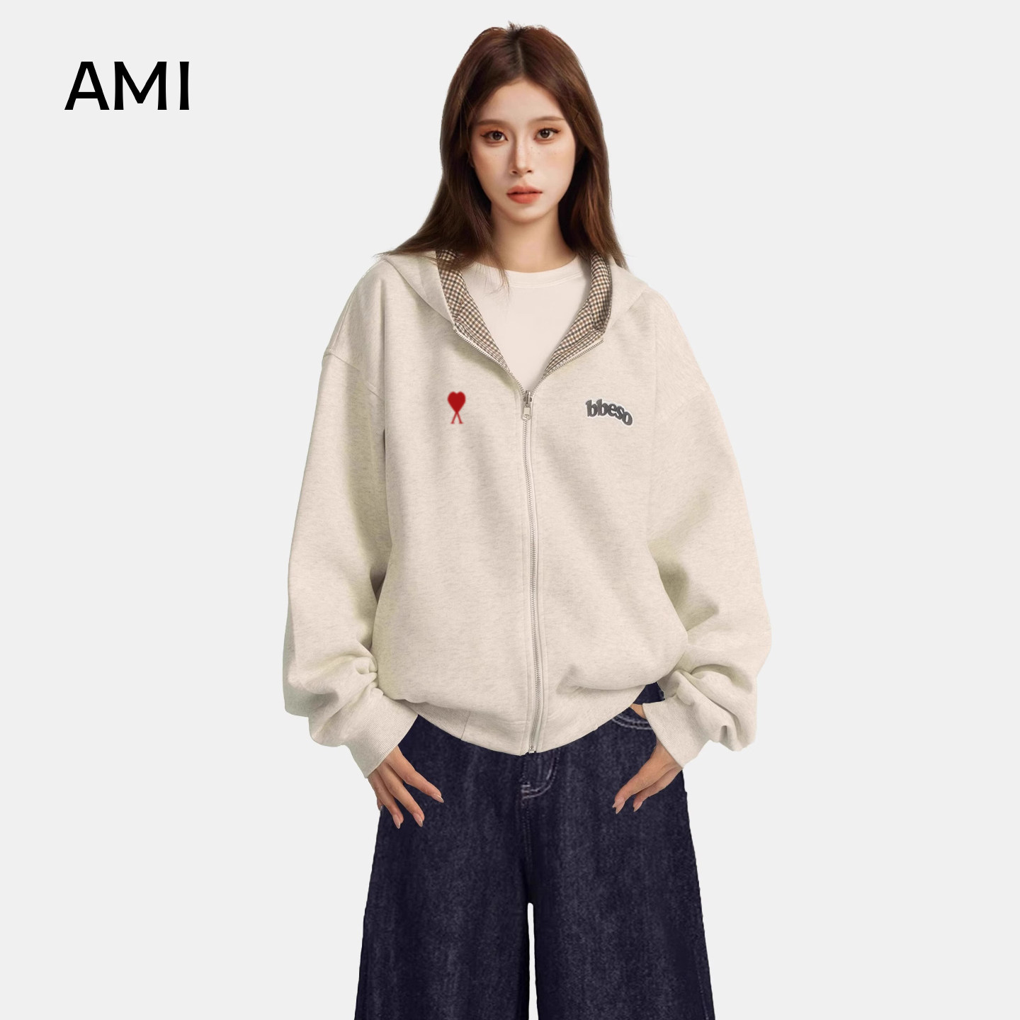 AMI美式灰色双面穿连帽打底衫卫衣外套女冬秋新款显瘦宽松拉链开