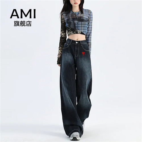 AMI女装深蓝色渐变阔腿牛仔裤女春秋高腰垂感美式慵懒直筒拖地裤