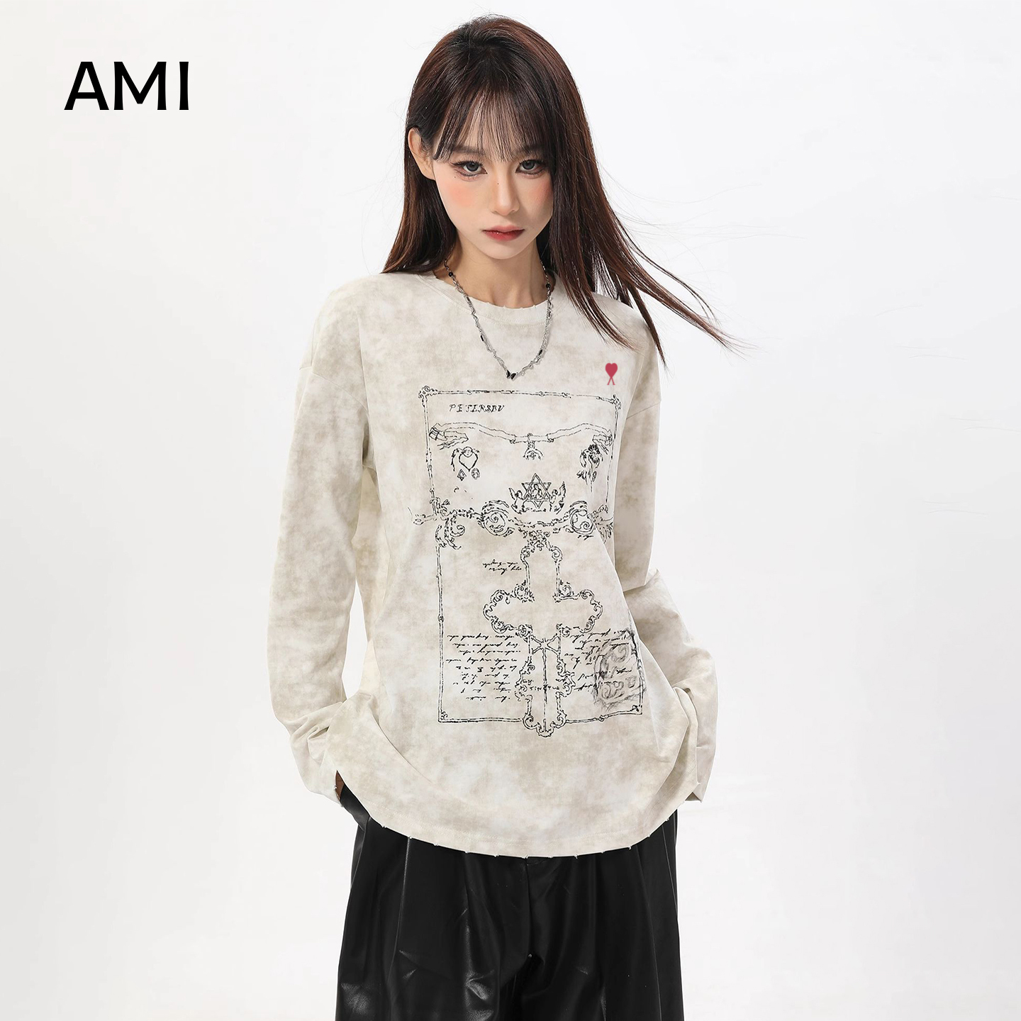 AMI美式正肩长袖t恤女春秋新款设计感薄款宽松内搭打底衫上衣穿搭