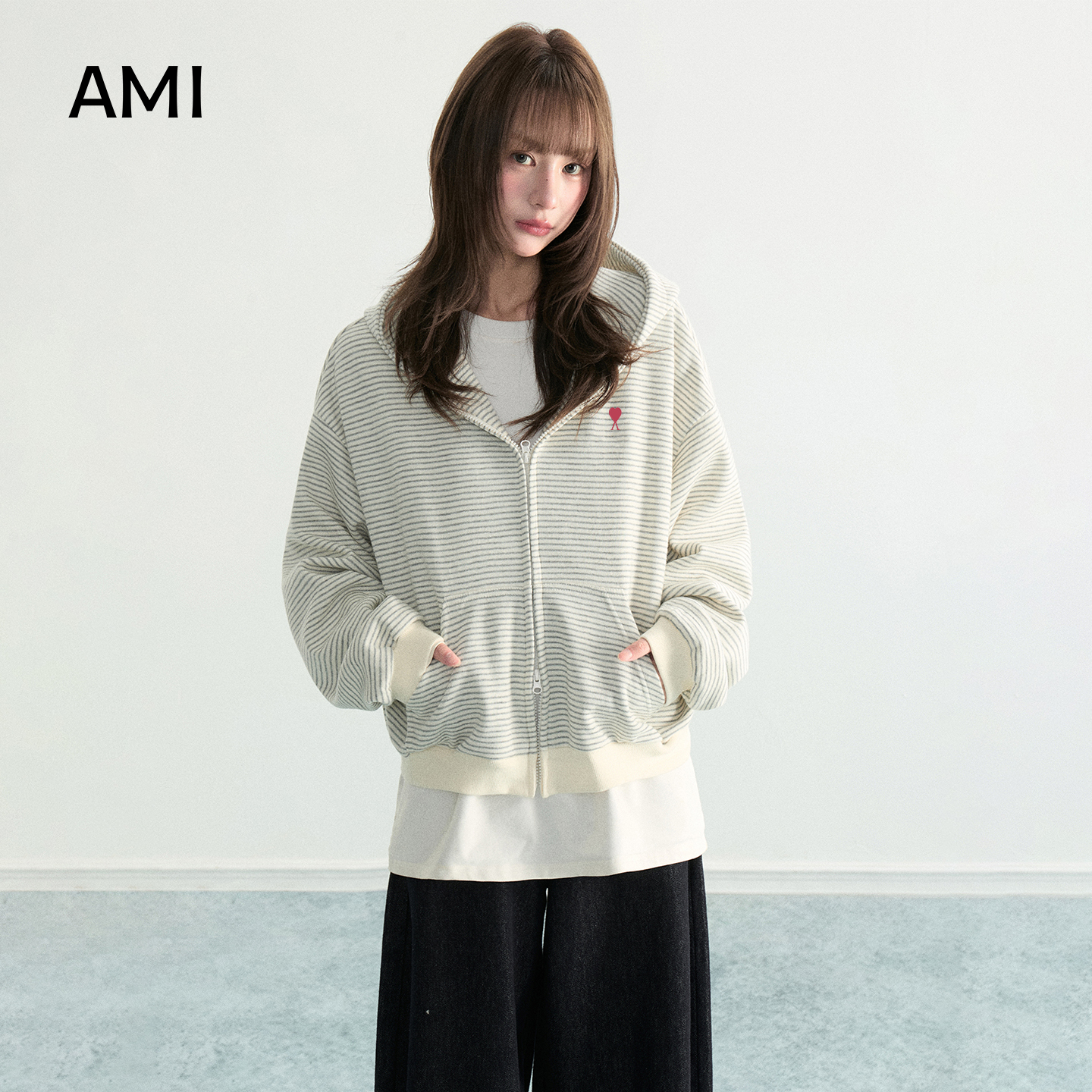 AMI美式条纹连帽卫衣外套女春秋新款小个子双拉链开衫正肩短上衣