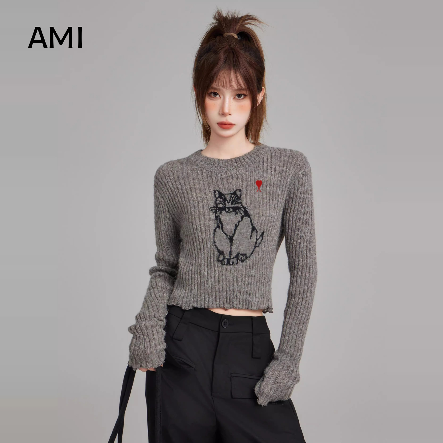 AMI官方美式灰色打底衫套头针织衫毛衣女春秋新款修身内搭打底衫