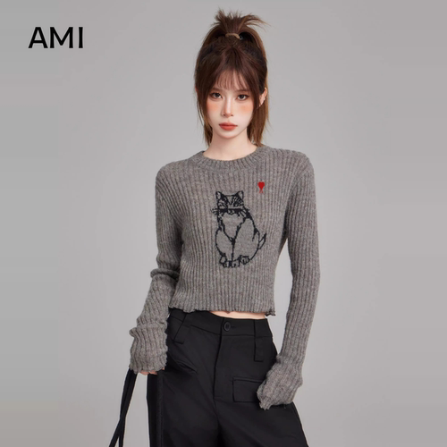 AMI官方美式灰色打底衫套头针织衫毛衣女春初春新款修身内搭打底