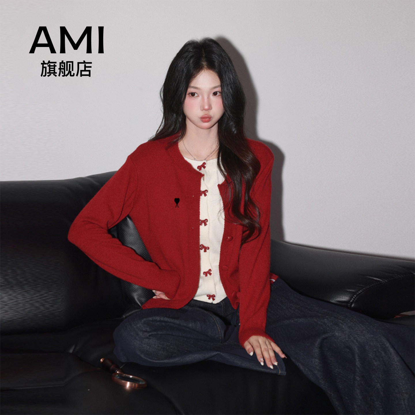 AMI官方2026款2026撞色假两件针织毛衣女春季红色显瘦长袖开衫上