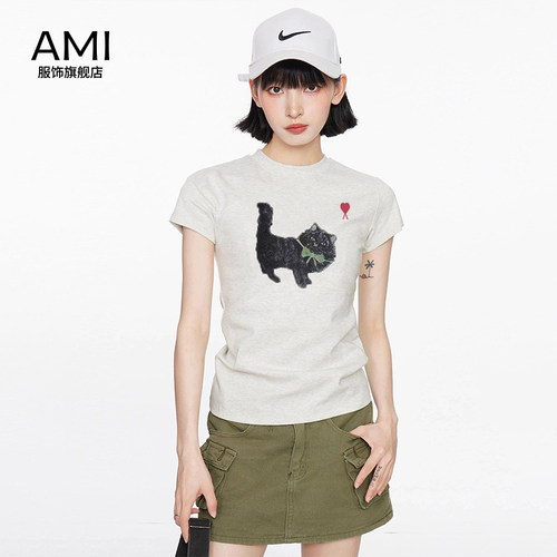 AMI官方2026美式猫咪正肩短袖t恤女夏季新款正品修身显瘦辣妹夏