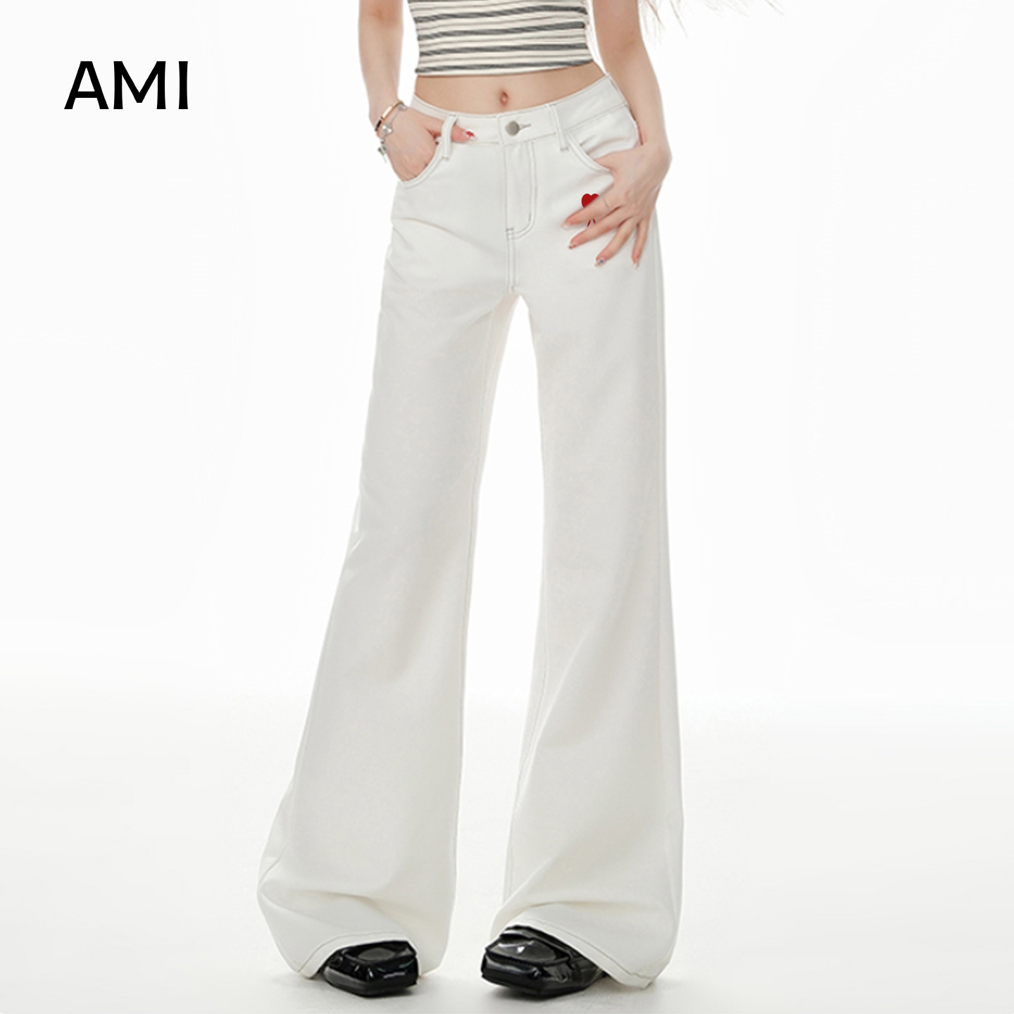 AMI官方美式薄款软牛仔裤女2026春初春新款垂感休闲显瘦白色微喇