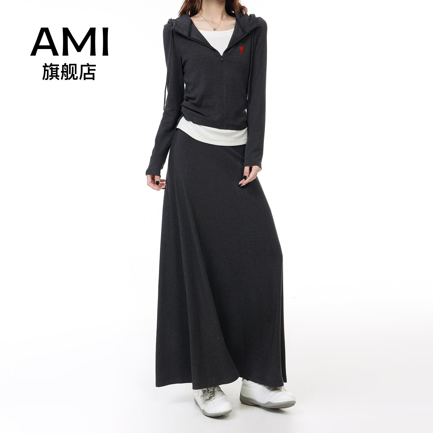 AMI官方灰色开衫连帽卫衣女2026初春套装小个子简约百搭设计感高