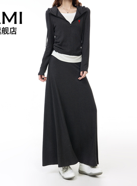 AMI灰色开衫连帽卫衣女2025秋套装小个子简约百搭设计感高腰长裙