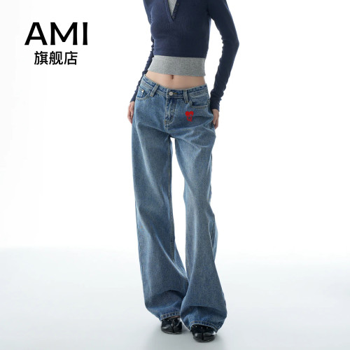 AMI女装美式复古阔腿牛仔裤女2026春秋低腰宽松显瘦慵懒直筒裤