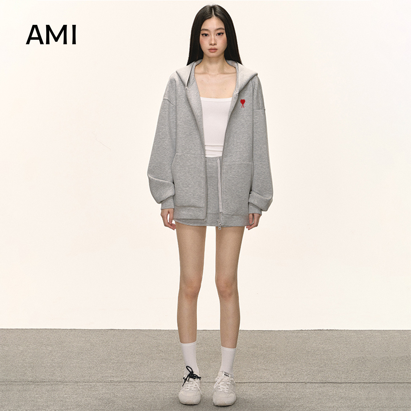AMI美式复古灰色爱心刺绣连帽卫衣女春秋款宽松休闲百搭开衫外套