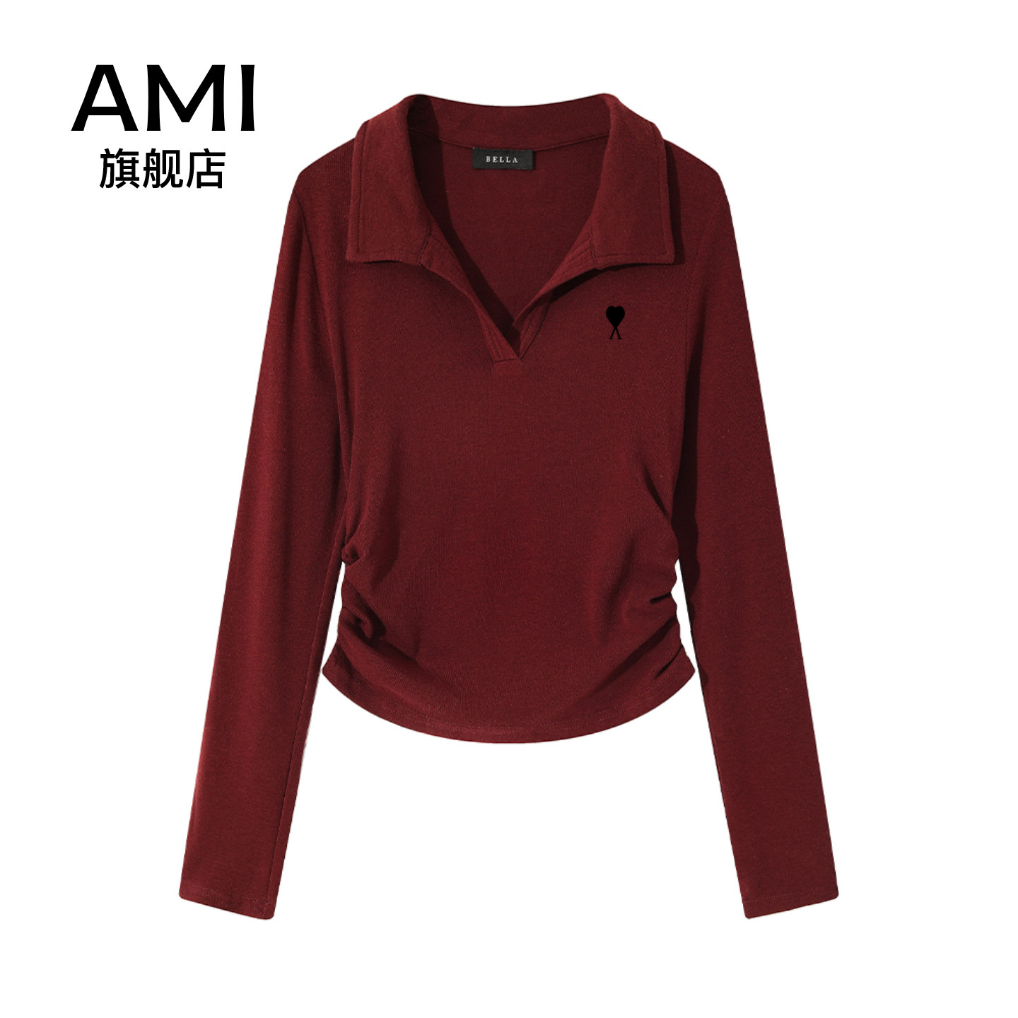 AMI官方红色polo领正肩长袖t恤女初春季设计感褶皱收腰内搭打底衫