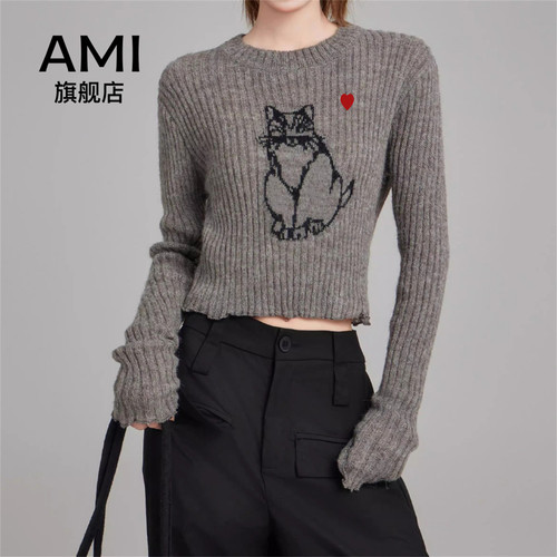 AMI女装美式灰色正肩套头针织衫毛衣女秋冬季修身针织内搭打底衫9
