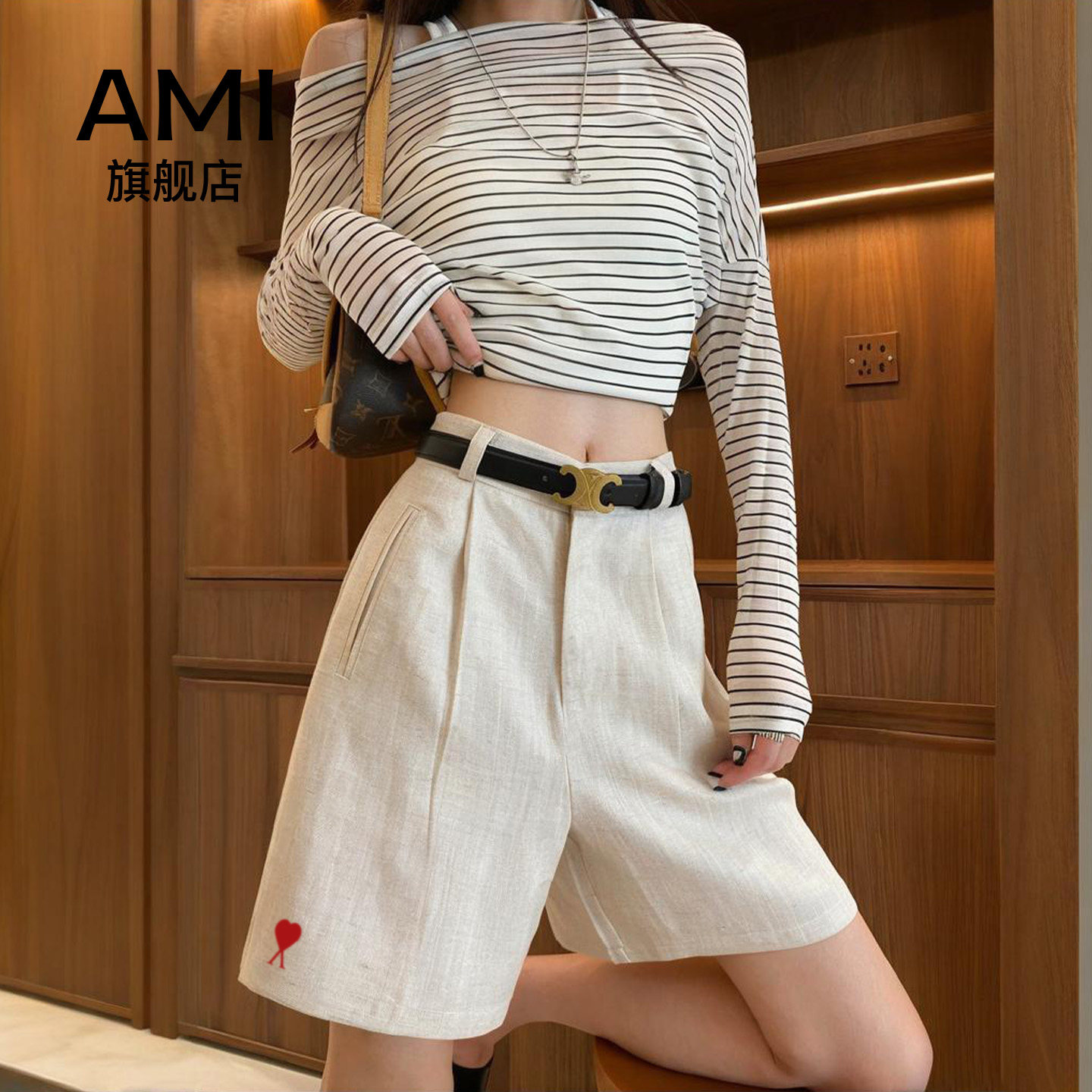 AMI官方短裤女2026夏季新款薄款宽松高腰a字休闲西装五分运动裤