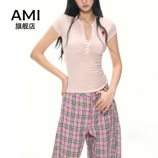 AMI官方粉色亨利领短袖T恤女2026夏季新款甜酷松弛风紧身纽扣上衣