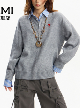 AMI美式灰色正肩格子polo领假两件套头毛衣女秋冬宽松风针织上衣