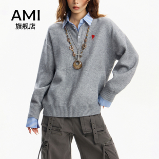 AMI官方美式灰色正肩格子polo领假两件套头毛衣女秋春宽松风针织