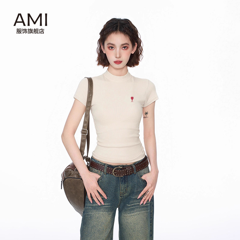 AMI官方2026美式辣妹半高领打底衫短袖t恤女春季正品修身短款针织