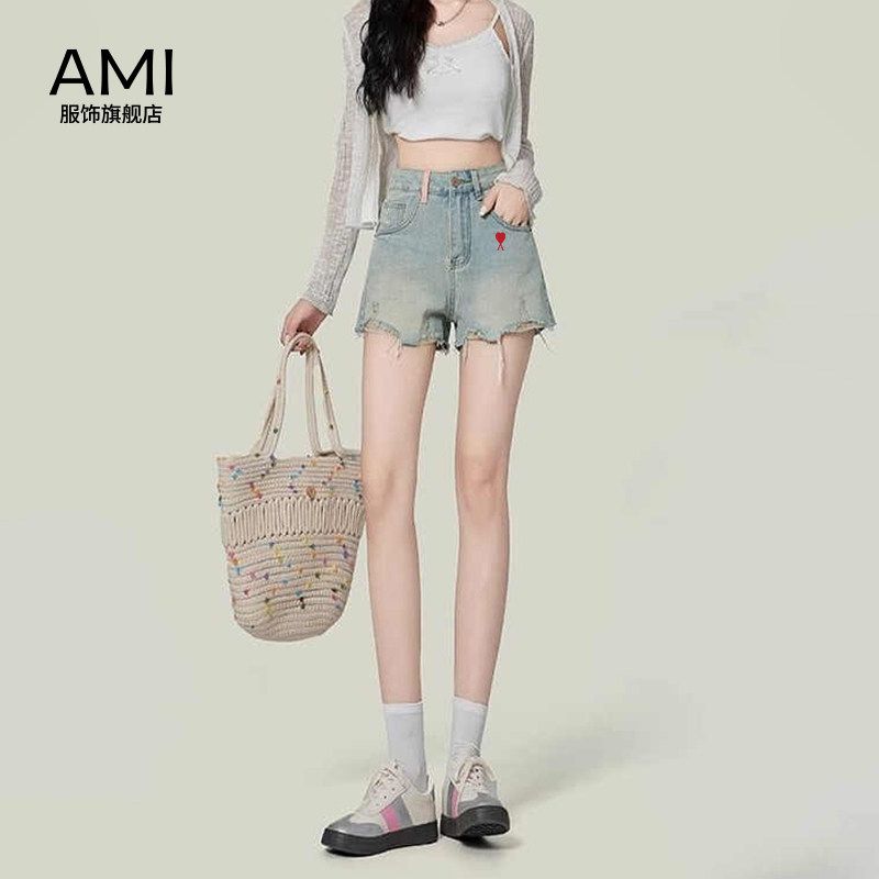 AMI官方 2026美式浅蓝色包臀牛仔短裤女春季正品复古设计感高腰裤