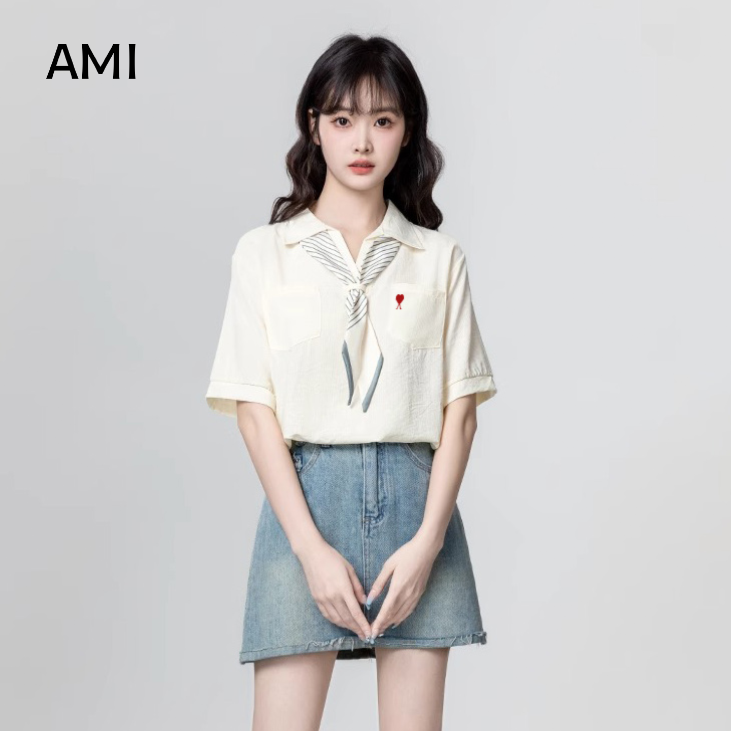 AMI官方美式杏色短袖衬衫女春季新款带领带polo领衬衣宽松设计感