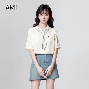 AMI官方美式杏色短袖衬衫女春季新款带领带polo领衬衣宽松设计感