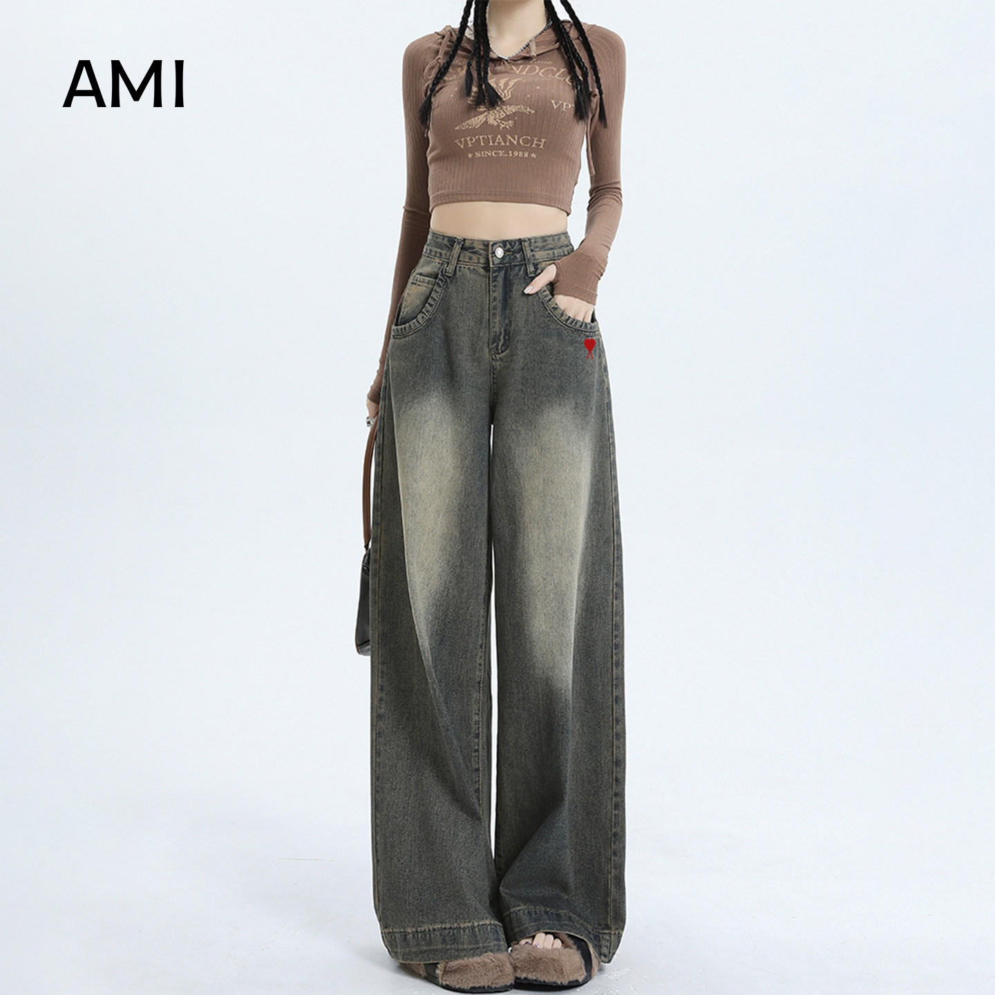 AMI官方美式复古阔腿牛仔裤女2026春秋新款高腰水洗做旧垂感宽松